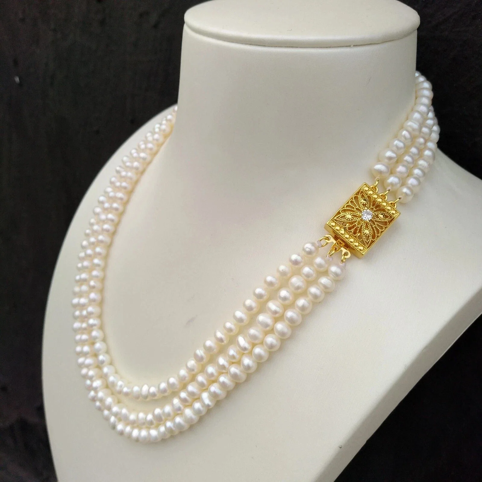 3-Row/AAA 7-8mm Natural Japanese White Pearl Necklace 16-17-18in/18-19-20in/925s