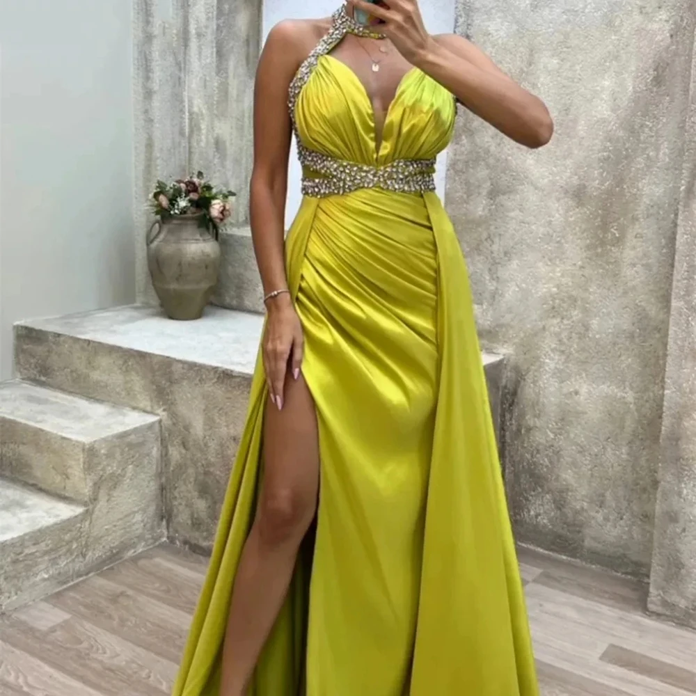 

Yipeisha Fashion Halter Sheath Satin Party Gown Beading Crystal Evening Dresses With Side Slit Draped Prom Dresses