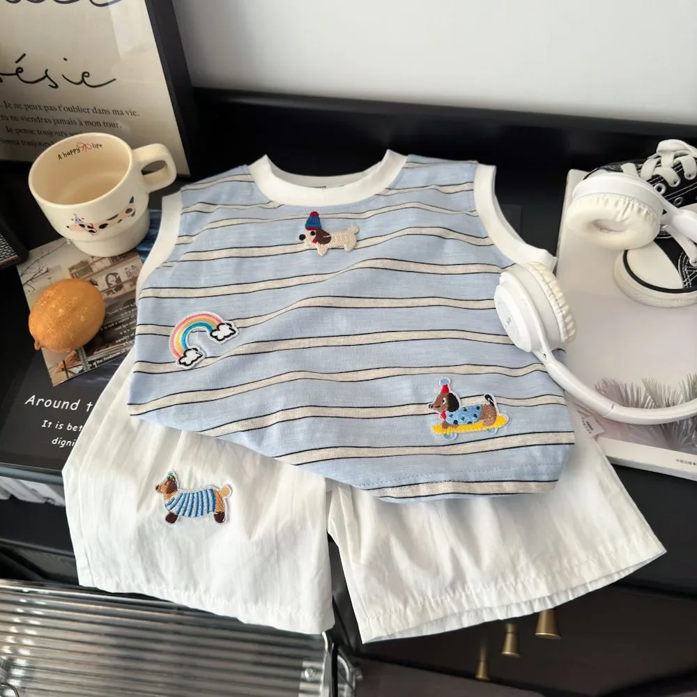 

2026 Summer New Children's 2-Piece Set Korean Edition Casual Loose Cartoon Tank Top T-shirt And Shorts for Boys And Girls