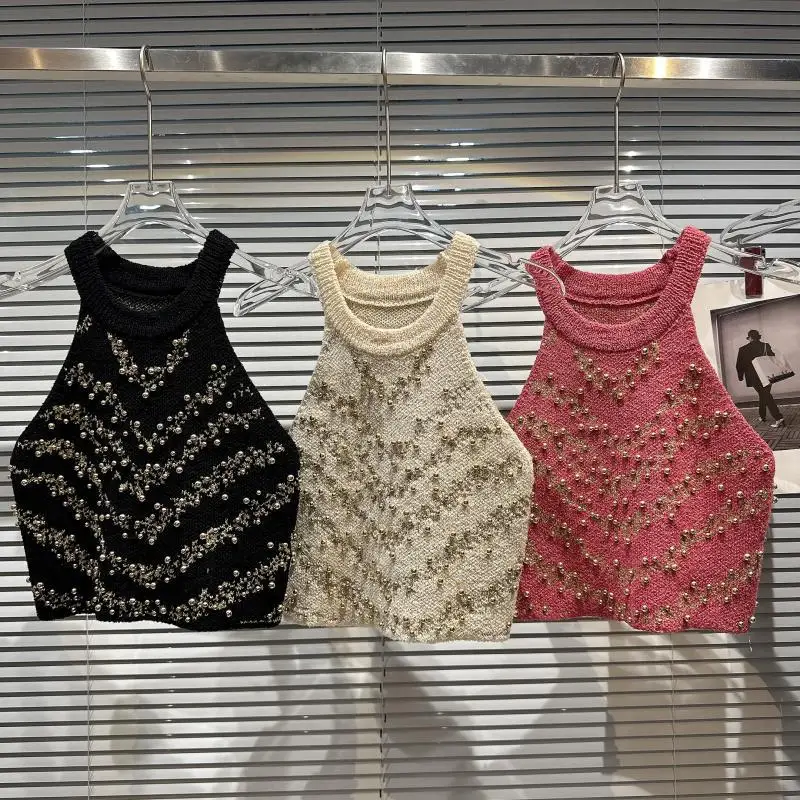 Internet Celebrity Same Style2024Spring New Classic Style Elegant Socialite Beaded Halter Design Short Knitted Vest for Women