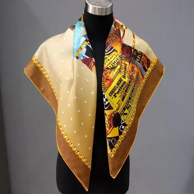 High-end Elegant Women Fashion Spliced Horsehead Double-sided Print Quality 18MM Twill Silk Hand-rolled Edge Square Scarf Shawl