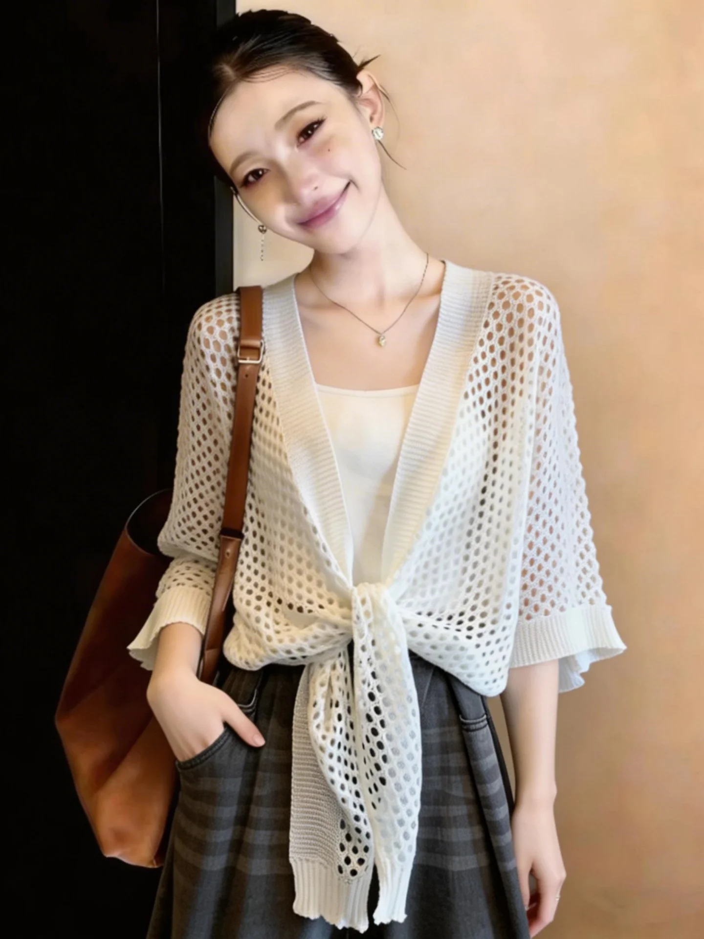 Women's Hollow out Sun Protection Cardigan Spring Summer Loose Fit Seven Sleeve V-Neck Belted Air Conditioning Outerwear