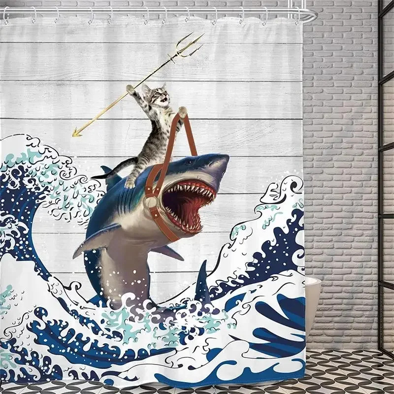 Funny Cat Riding Dinosaur Shower Curtains Cute Animal Sea Waves Surfboard Creative Kids Bath Curtain Set Fabric Bathroom Decor view 2