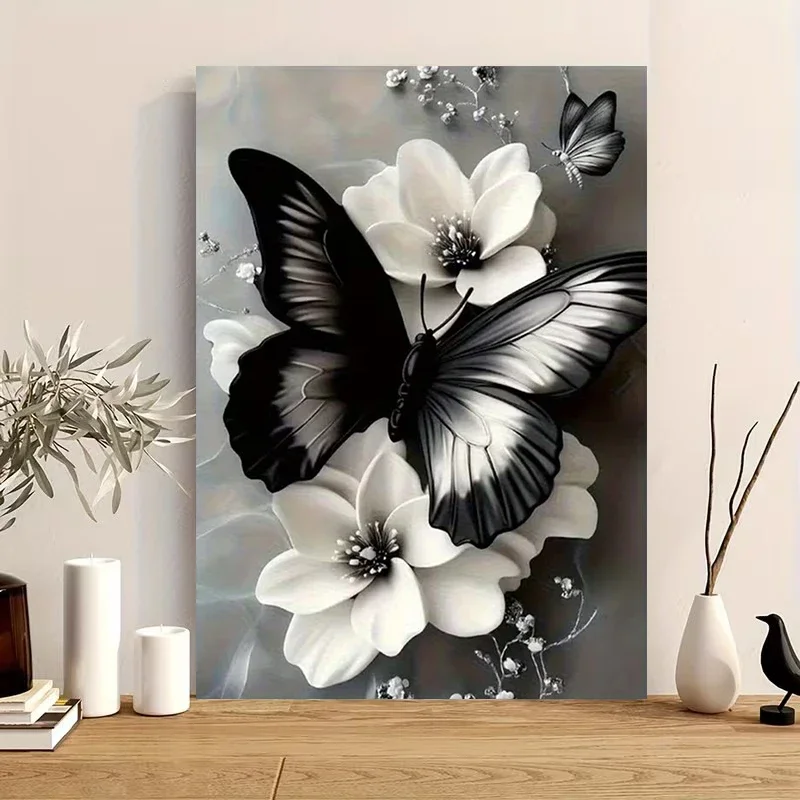 Multiple sizes 1pc frameless Canvas Painting,Black and White Butterflies and Flowers Poster and Prints Canvas Painting Wall Art
