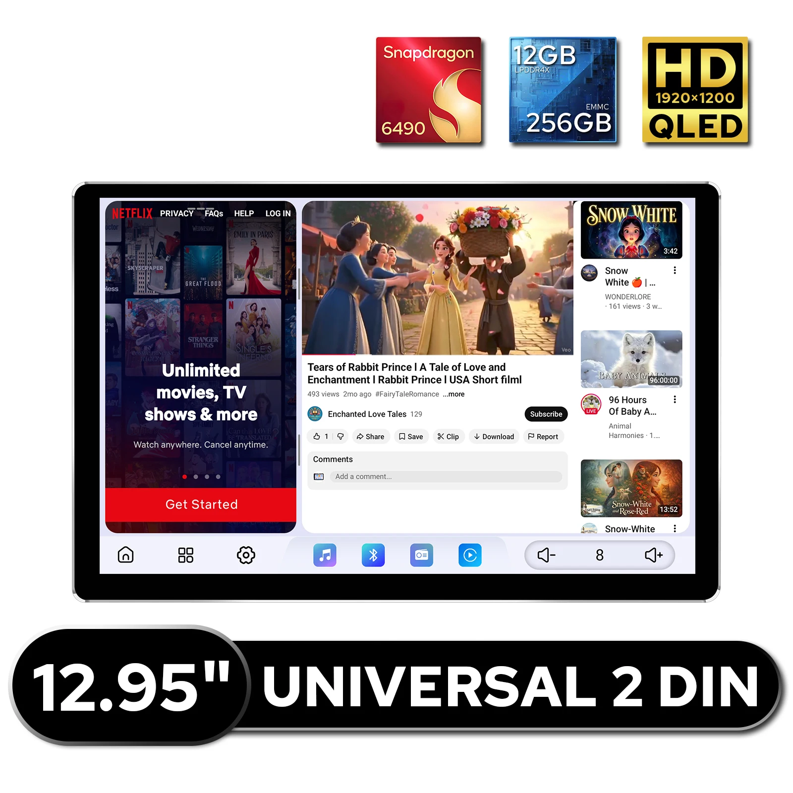 12.95 Inch Universal 2 DIN Android Car Stereo 12GB+256GB QLED Touch Screen Wireless CarPlay Android Auto 4G LTE GPS Radio