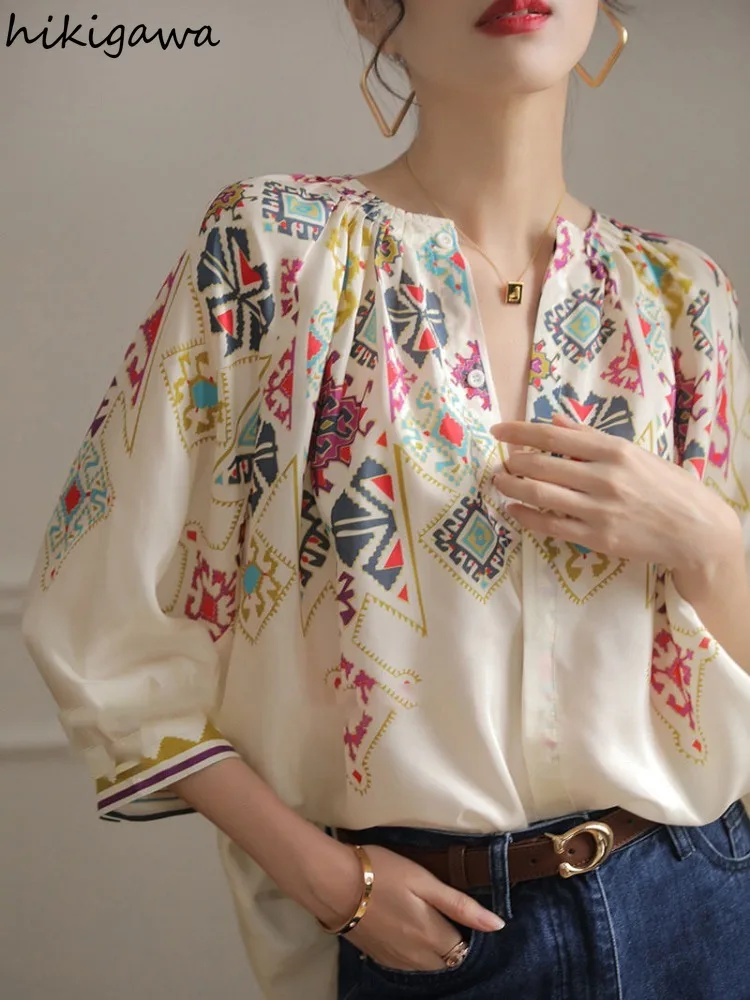 Vintage Blouses Women Clothing Indie Folk 2024 Blusas Mujer De Moda V-neck Print Loose Shirts Chic Summer Korean Blouse Tops