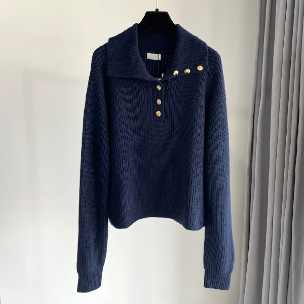 Suéter longo de malha com botão dourado, cor pura, gola virada para baixo, lã, faion para mulheres, outono inverno