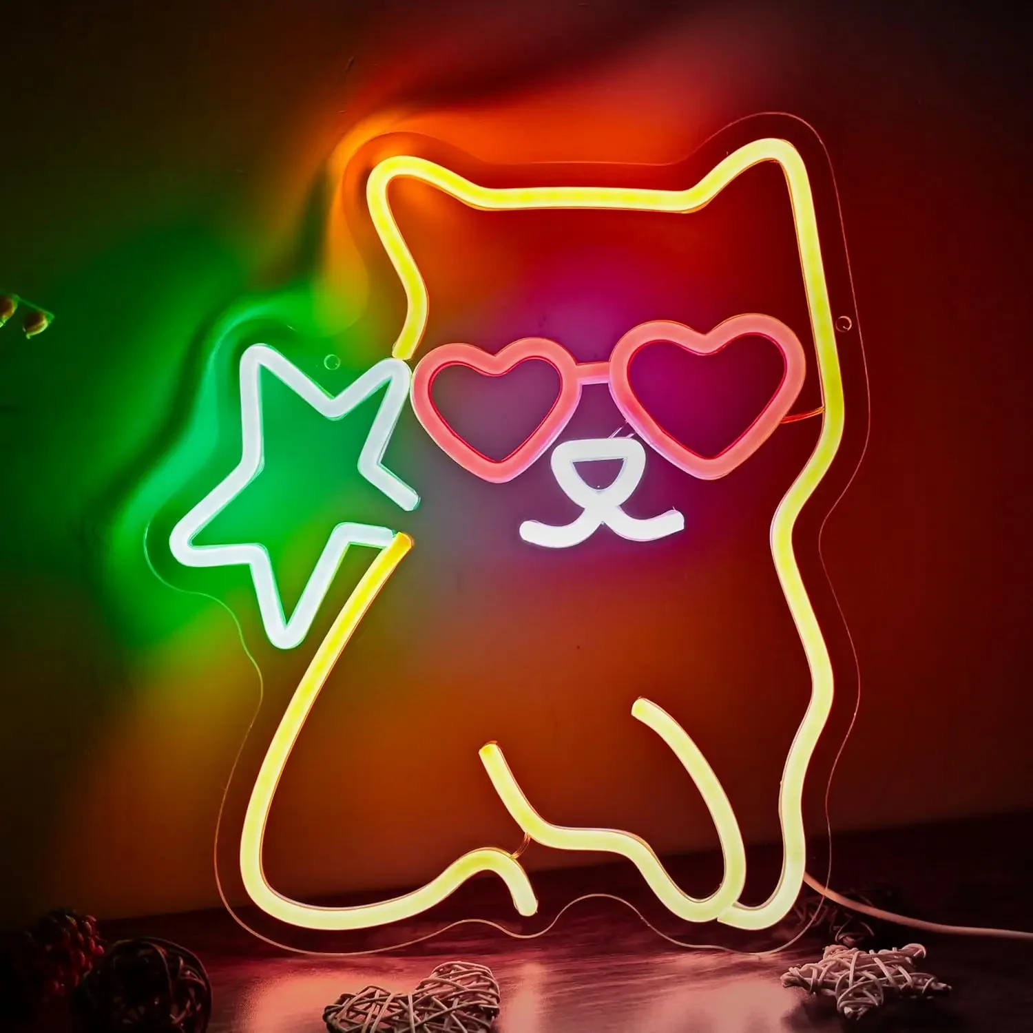 Cute Cat Neon Sign Stars LED Neon Light for Bedroom Home Bar Party Man Cave Party Wall Decor Birthday Kids Girls Dimmable USB