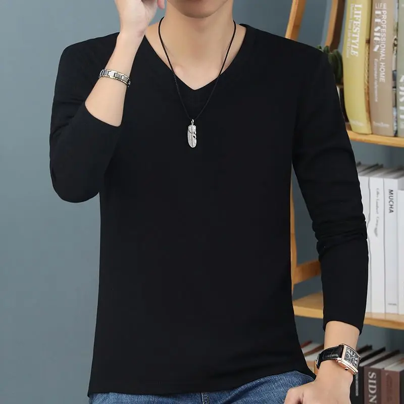 2023 New Spring and Autumn and Winter V-neck Solid Color Versatile Underlay Long Sleeve Underlay Youth Korean Autumn Clothing