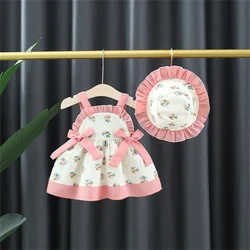 2-Piece Baby Princess Summer Dress+Lace Hat Baby Girl Lolita Bow Strap Flower Sweet Korean Version Skirt