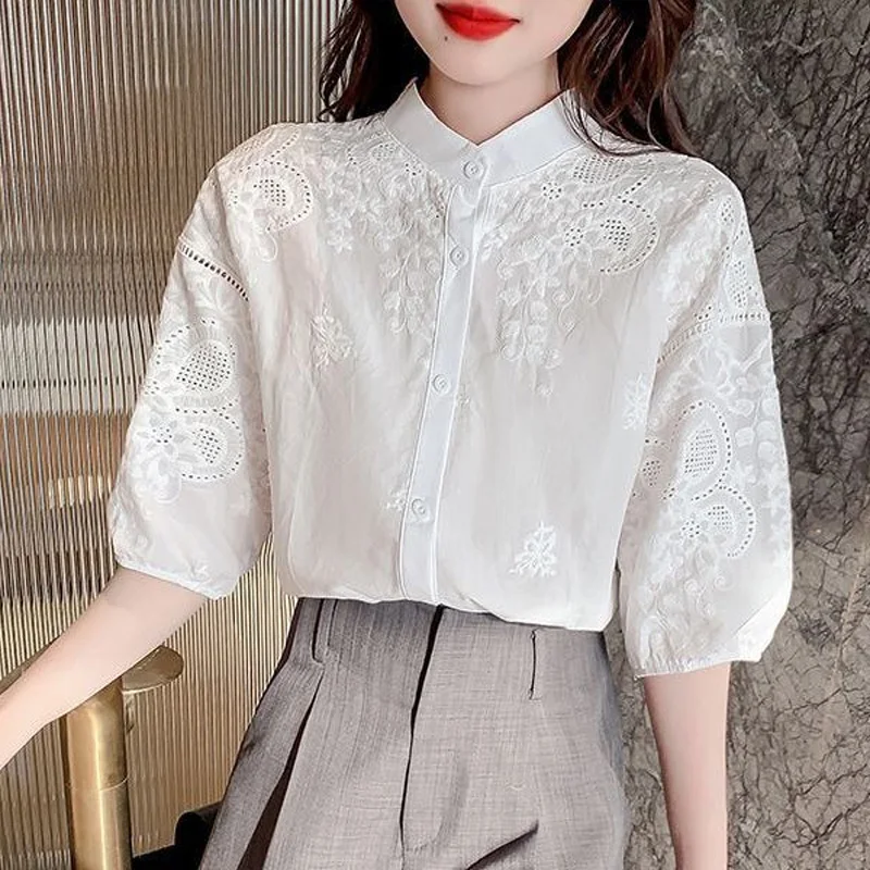 Summer Stand Collar Fashion Half Sleeve Shirt Women Elegant Embroidered Button Patchwork Cardigan Sweet Pure Cotton Chic Tops
