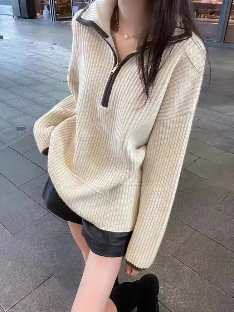 

Свитер из 100% чистого кашемира с высоким лацканом и полумолнией, женский осенне-зимний свободный свитер высокого класса с полуоткрытой шеей и ленивым ветром