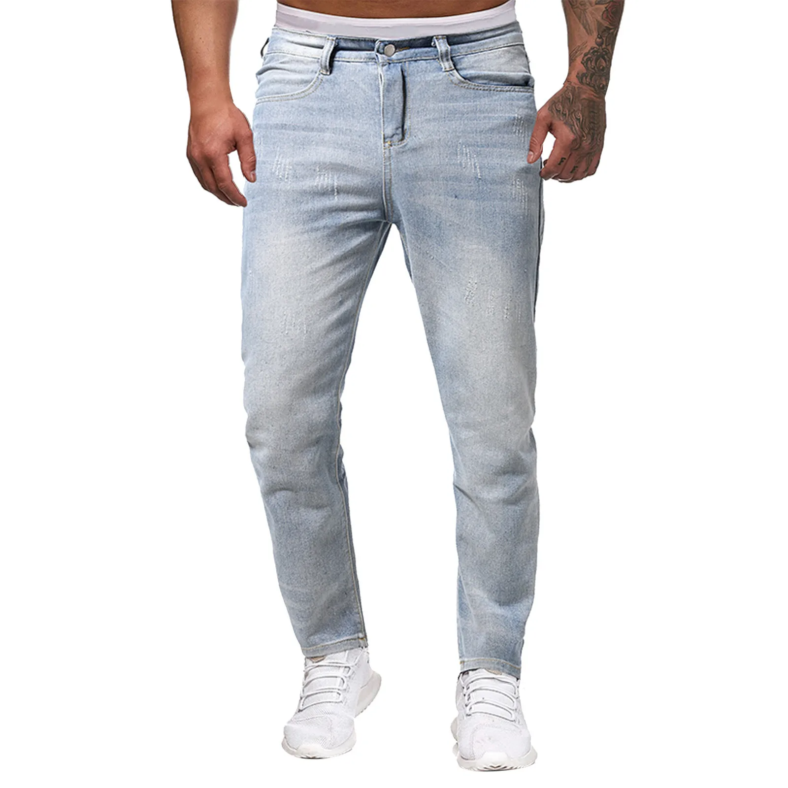 Mens Fashion Straight Hole Buckle Zipper Middle Waist Denim Long Pants Trousers Pants Slip