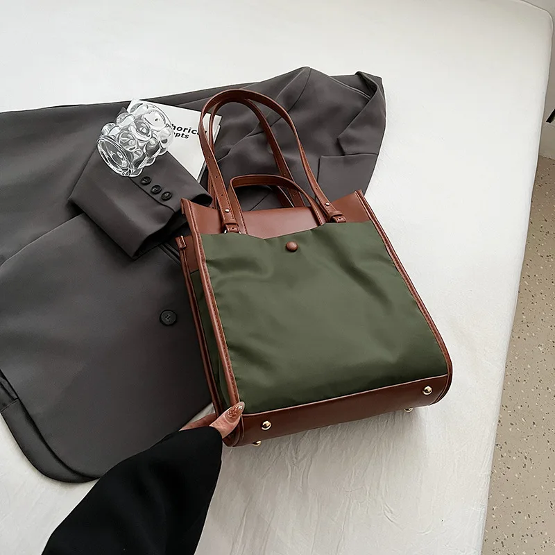 Tote Shoulder Bag Large Capacity Simple Nylon Splicing Style New Trend Design Leisure Commuter Shopping Street Fashion All-match