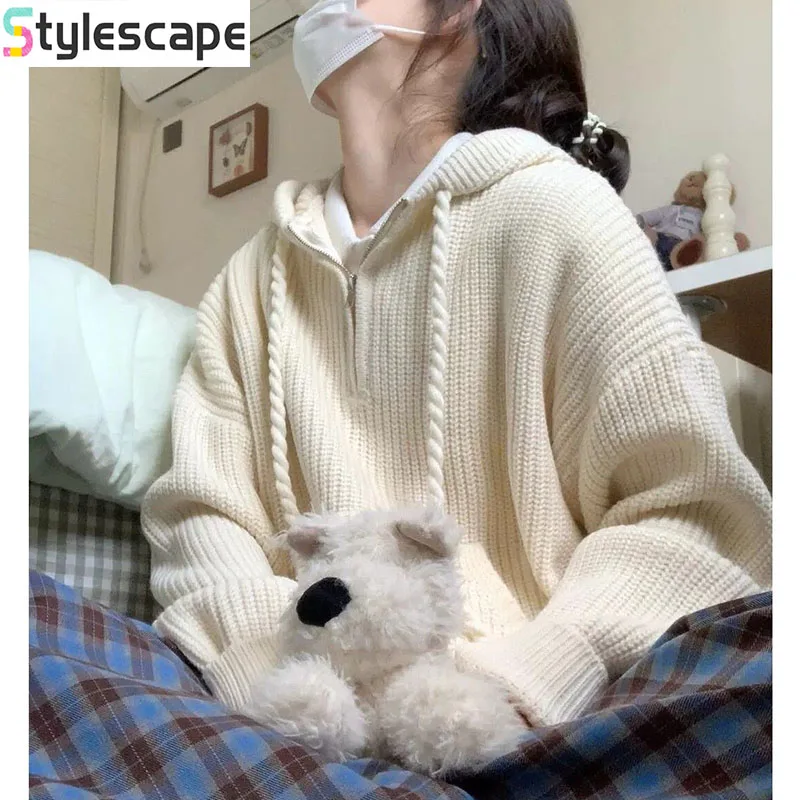 Half Zip Hooded Sweater for Women 2024 New Autumn and Winter Loose and Lazy High-end Knitted Pullover Hoodie Streetwear Sweater