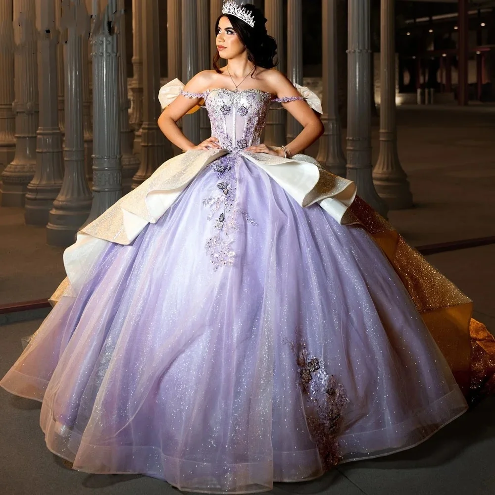 

Glittering Lavender Quinceanera Dresses 3D Flower Birthday Party Prom Princess Ball Gown Vestidos De 15 Anos Corset
