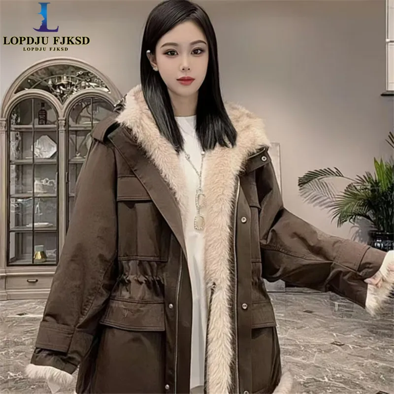 Women's Fashion Trend Overcomes, Lined With Faux Fur Coats, Winter Adjustable Waist Hooded Jacket, Female Clothing