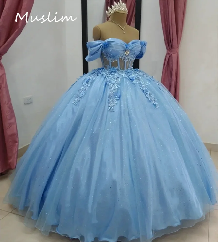 

Baby Blue Vestidos De 15 Quinceañera Off Shoulders Glitter Florals Prom Dress Corset Vestidos De Xv Años Birthday 16 Customized