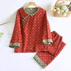 2024 Herfst Nieuwe Nachtkleding Vrouwen Puur Katoen Retro Lange Mouw Pyjama Print Pyjama Vrouwelijke Nachtkleding Dames Nachtjapon Homewear