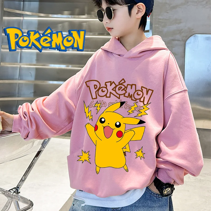 Pokemon Pikachu Thin Sweatshirts Kawaii Manga Japanese Anime Hooded Long Sleeves New Spring Autumn Tops Child Girl Birthday Gift