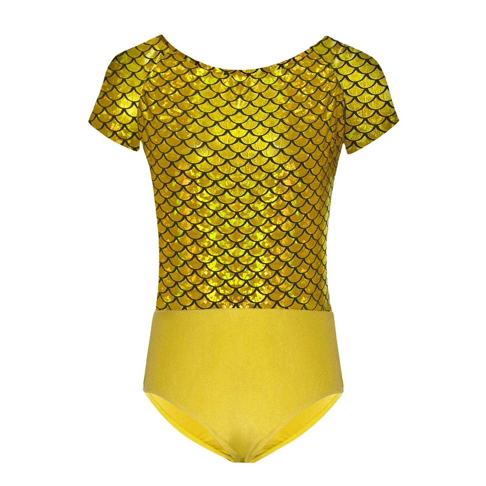 Nouvelles filles nœud papillon découpe dos gymnastique Ballet Unitard patinage artistique danse fête Costume écailles de poisson imprimé justaucorps à manches courtes