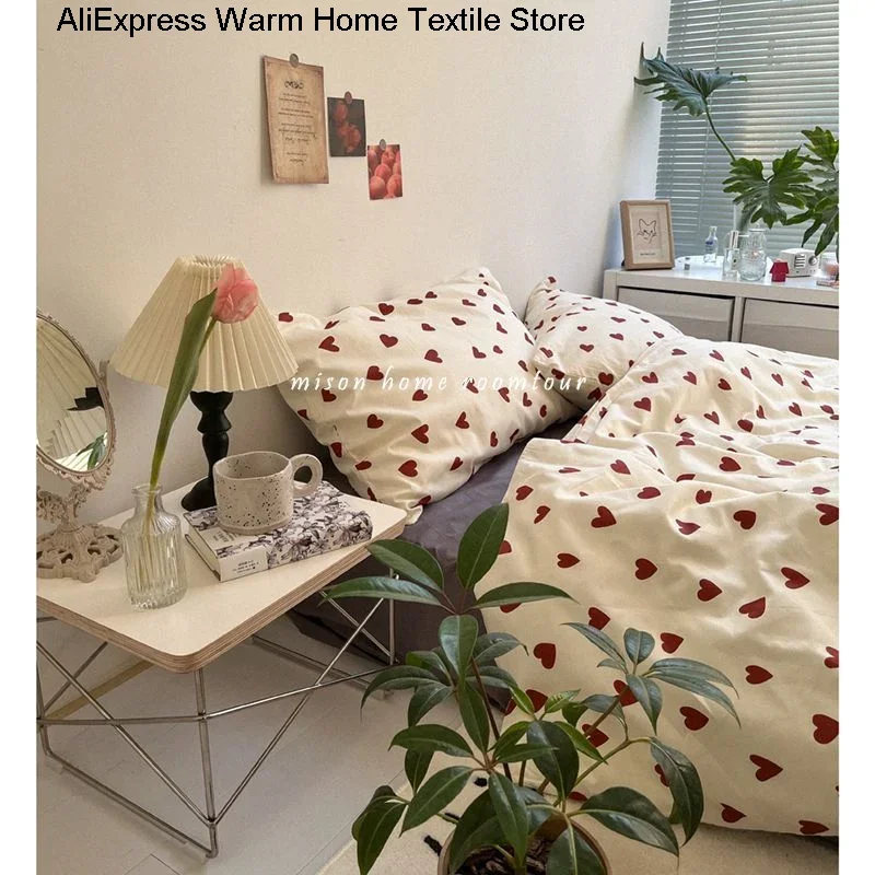 

Korean Princess Heart Print Bedding Sets 3/4pcs Cute Kids Girl Adult Bed Linings Duvet Cover Bed Sheet Pillowcase Home Textile