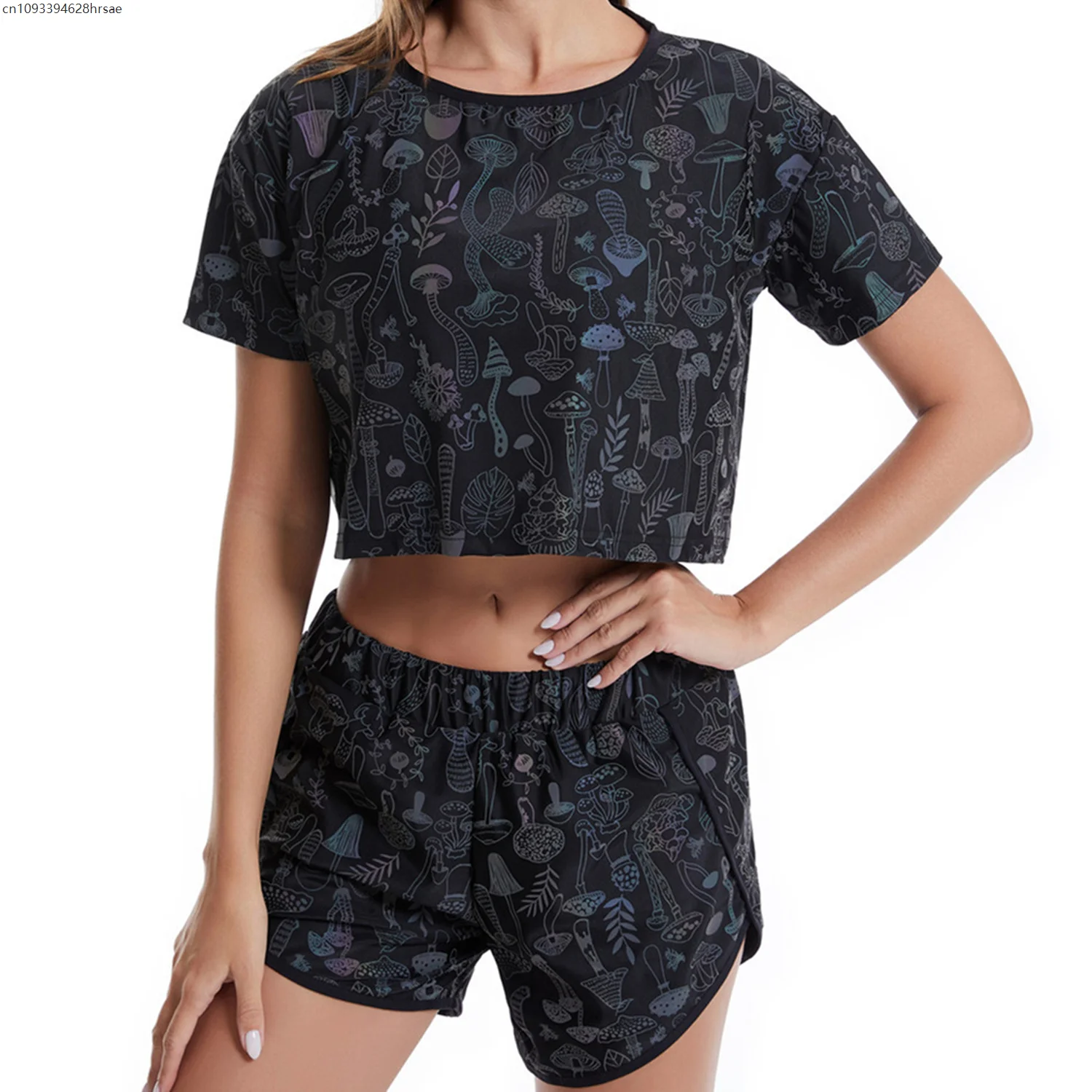 

Mushroom Reflective T-shirt Shorts Women Nightclub DJ Party Rave Outfit Stage Costume Hip Hop Stage Costume Nightclub Run Suit