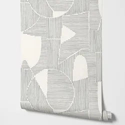 Peel and Stick Graphique Wallpaper in Cream/Black, Geometric Wallpaper with abstract tracing of geometric and circular shapes