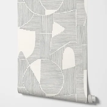Papier peint graphique Peel and Stick, crème, noir, papier peint géométrique avec traçage abstrait de formes géométriques et circulaires