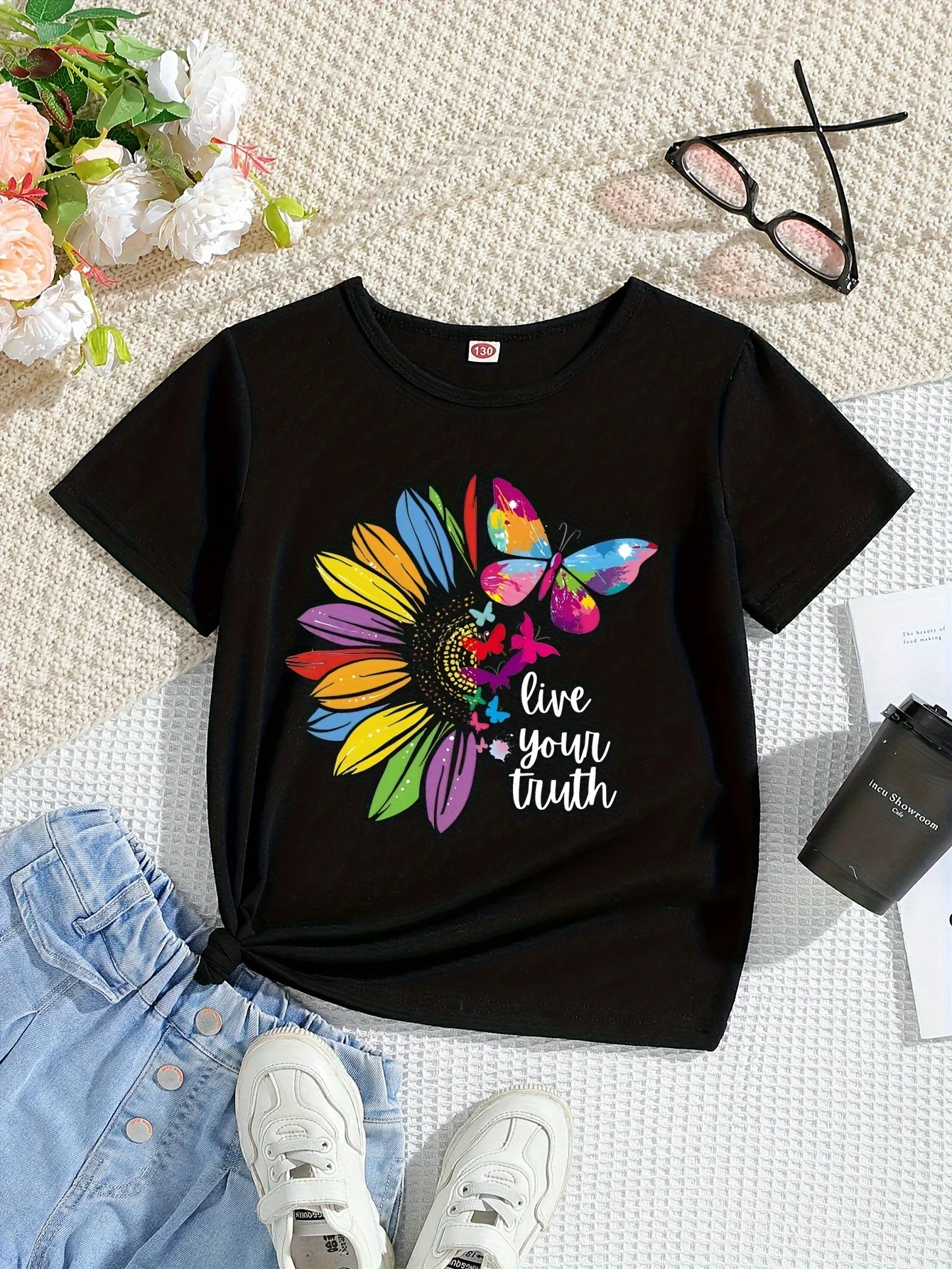 

Daisy Graphic Print Creative T-shirt Colorful Butterfly Soft & Elastic Tees Comfy Crew Neck Short Sleeve Tshirt Girls Summer Top