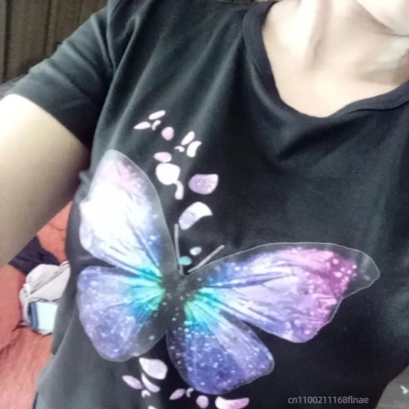Street Dance-Kleidung für Damen, farbenfrohes T-Shirt mit Schmetterlingsblüten-Aufdruck, kurzärmeliger Rundhalsausschnitt, süßes Muster-Hip-Hop-Oberteil
