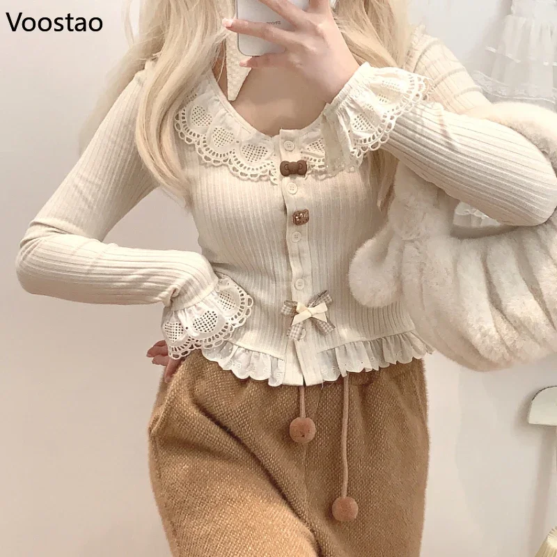 Japanese Sweet Lolita Style Knitted Shirt Women Kawaii Bow Cartoon Cat Buttons Lace Ruffles Slim Blouse Female Korean Crop Tops