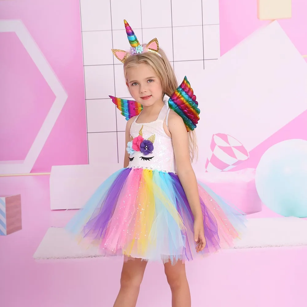 

Magical Unicorn Princess Dresses with Rainbow Sequins, Girls Tutu Skirt for Halloween, Birthday Party & Performance Costumes
