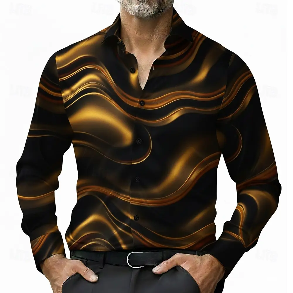 2026 Men's Geometric Pattern Line Abstract Art Shirt Button Up Shirt Long Sleeve Fashion Casual Spring 3D Print Collared Shirts