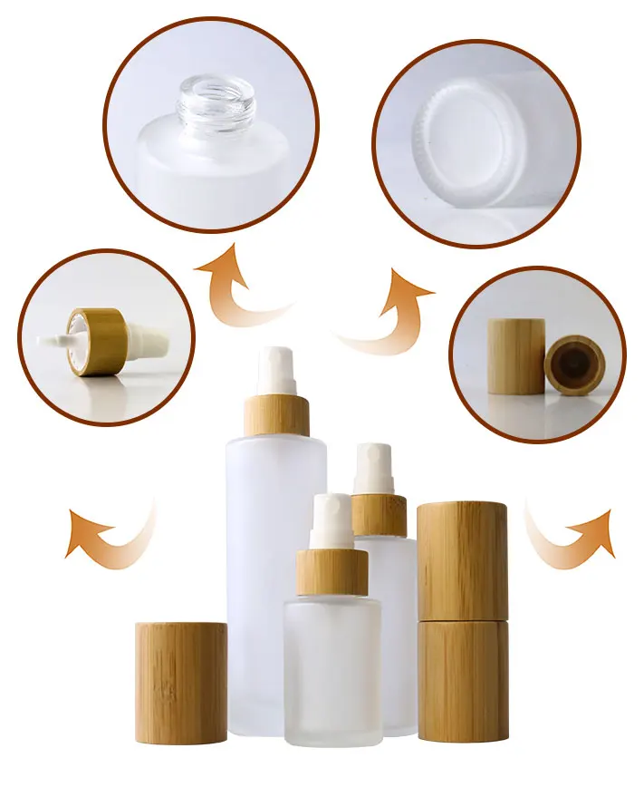 30ml 2OZ 60ML 80ML Frosted Glass Lotion Atomizer Bottles with Eco-friendly Bamboo Lid Fine Mist Spray Pump Dispenser For Perfume