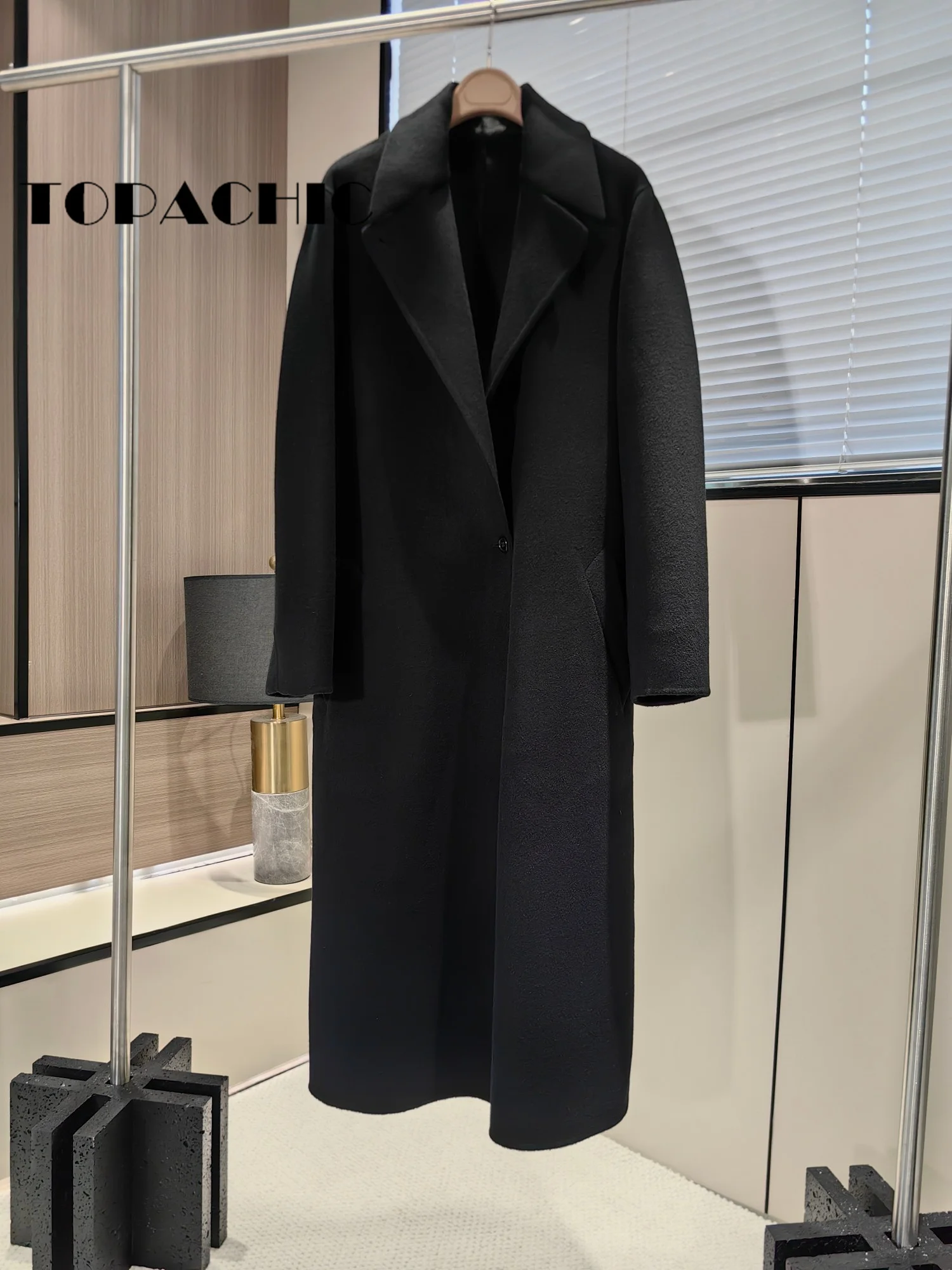 10.31 TOPACHIC-Women Solid Keep Warm Lapel Double-Sided Wool Long Coat Single Button Back Split Design Loose Outerwear