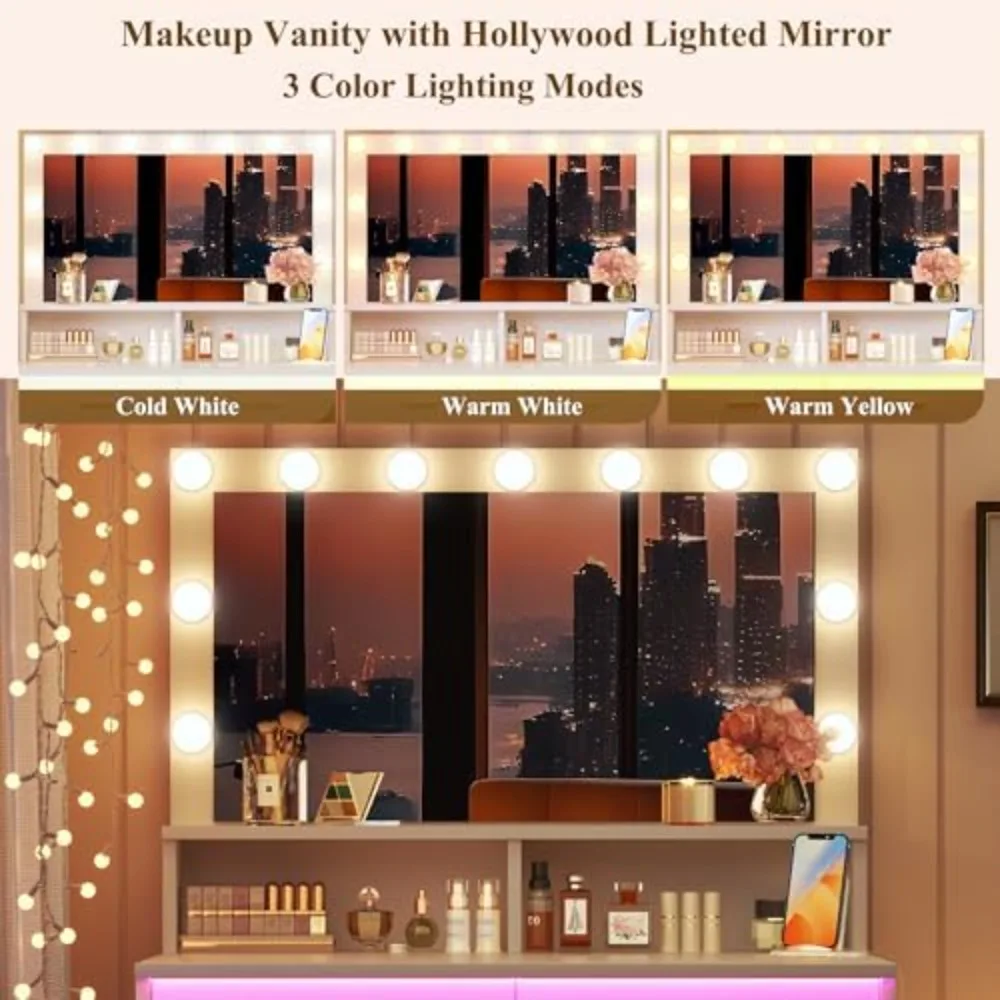 Small Vanity Desk with Mirror and Lights, White Makeup Vanity with Chair, RGB Vanity Table Set with 2 Drawers & Power
