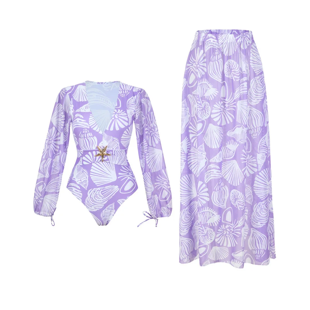 French-Style Swimsuit Wrap Dress Tea-Length Slimming Floral Print One-Piece Long Dress for Seaside Vacation Body-Hugging Summer