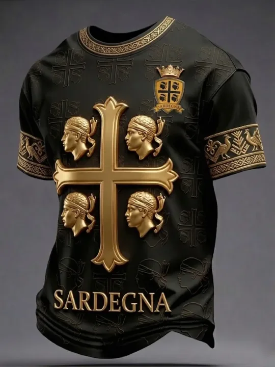 Sardinia Four Corners 3D Printed Golden Effect Fashion Loose Casual Retro Short-Sleeved Casual T-Shirt
