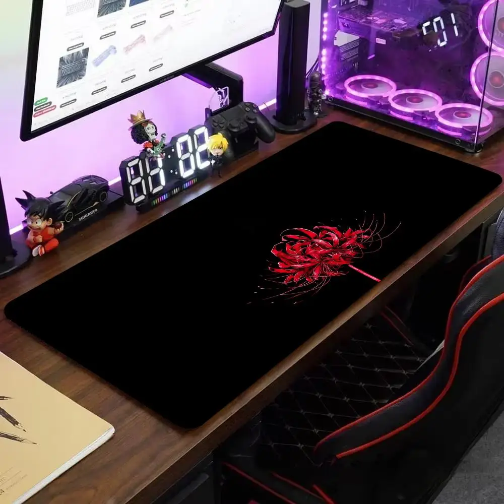 

Черный коврик для мыши с красным цветком, большой коврик для компьютерной офисной игровой настольный коврик XXL, резиновые противоскользящие коврики для клавиатуры с прошитыми краями, длинные настольные коврики