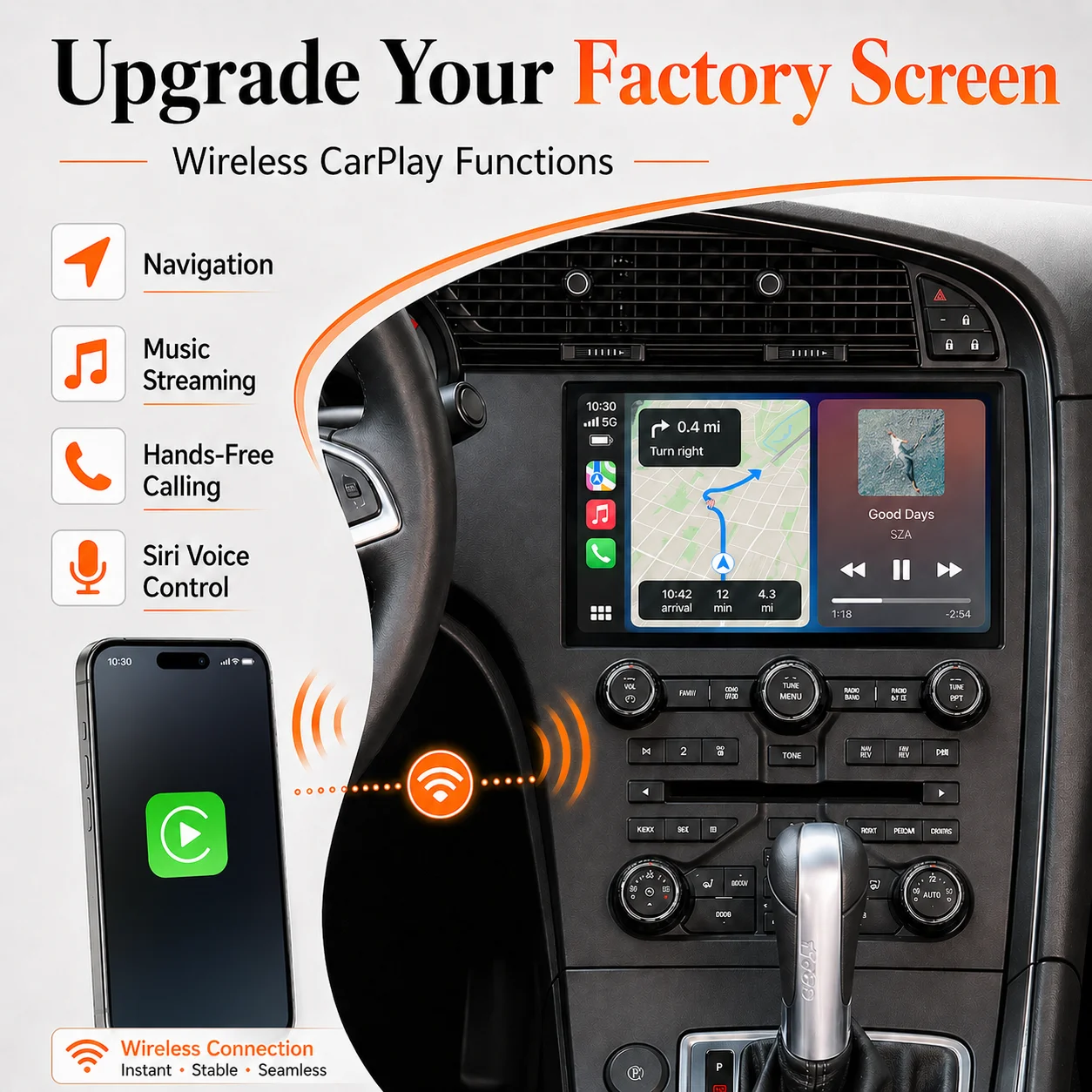 Wireless Apple CarPlay for Saab 9-4X 2011, Android Auto, Mirror Link, Reverse Camera, GPS