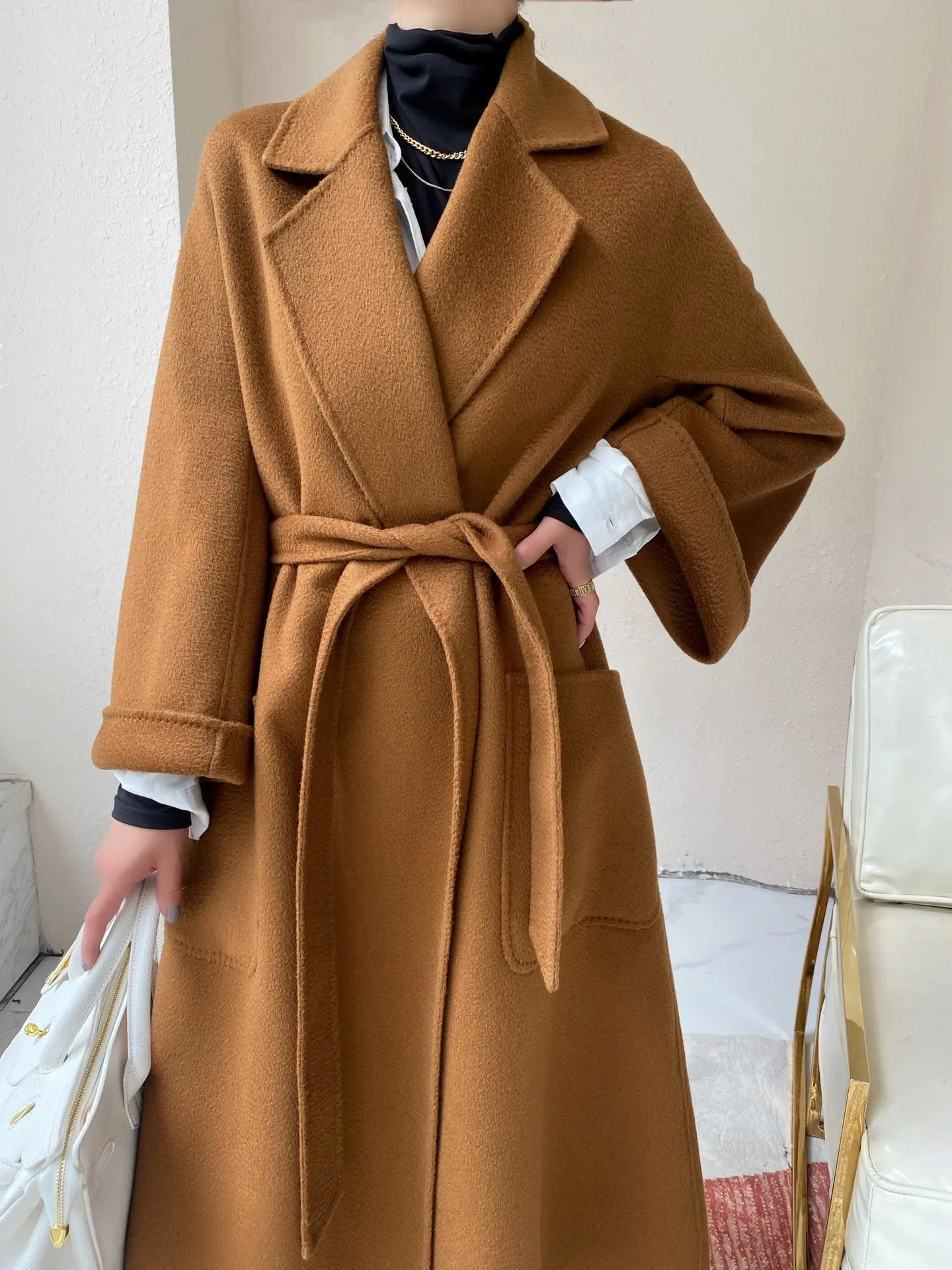 

2023 New Woolen Top Autumn and Winter Women Plus Long Lace-up Coat Solid Color Handmade Loose Nightgown Wool Coats Cloak Jackets