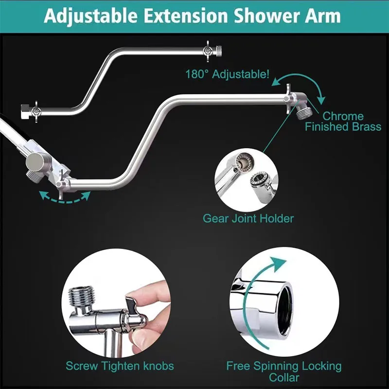 Bourdillat 15-Inch SS304 Shower Head Arm, Adjustable Height, Chrome / Black , G1/2 Universal Connection