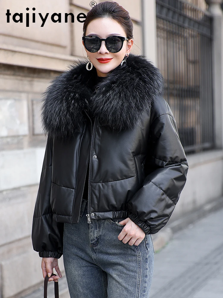 TAJIYANE 100% أعلى الحبوب جلد البقر أوزة أسفل معطف قصير الجلد الحقيقي سترة منفوخة المرأة الراكون الفراء طوق الملابس الشتوية 2025 كورت