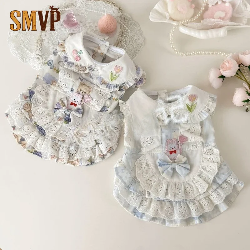 Heavy Craft Lolita Pet Dress Cartoon Bear Print Ruffle Lace Flying Sleeve Breathable Summer Cute Princess Daily Costume for Pets