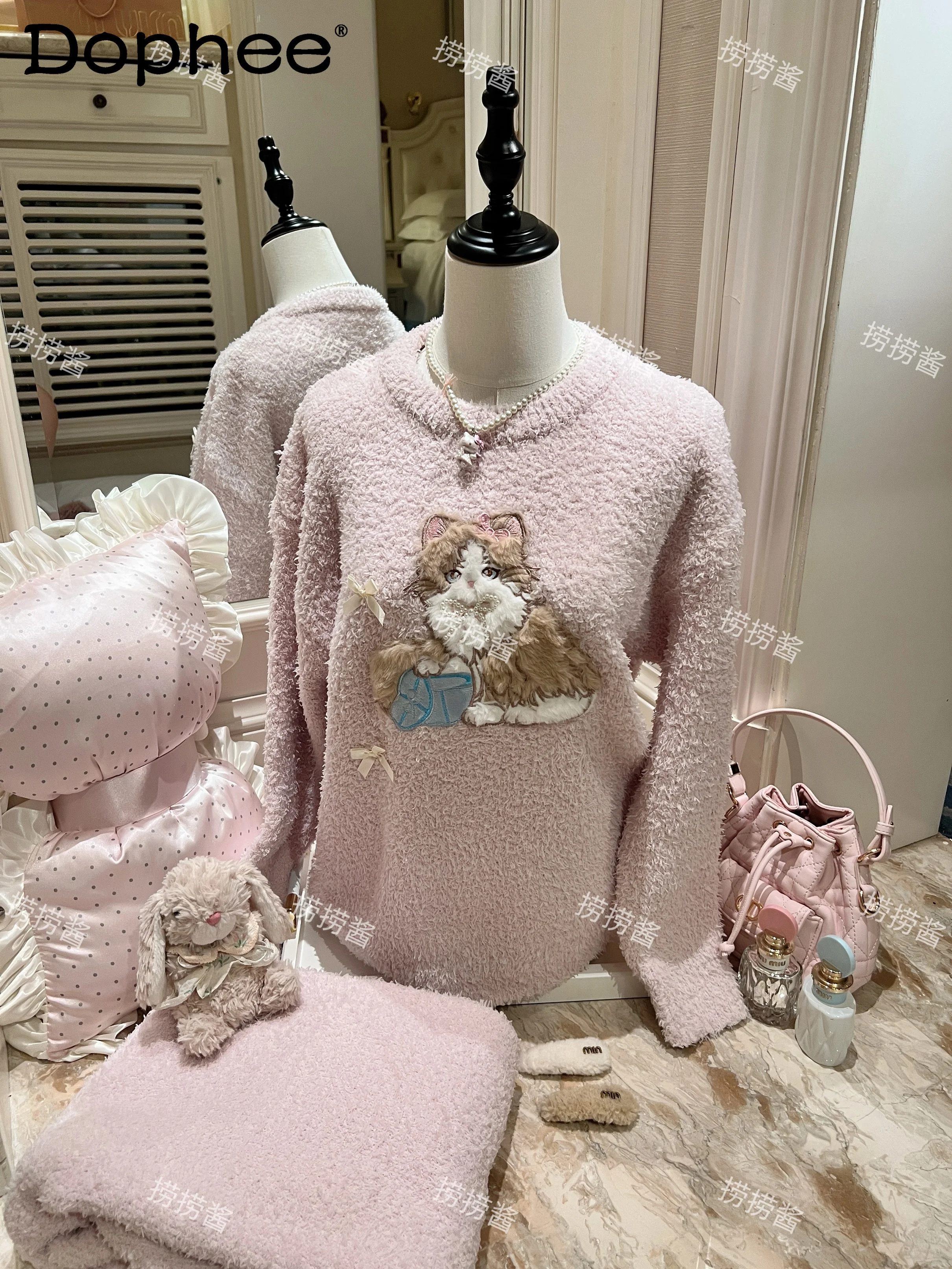 

Japanese Style Women's Pajamas 2025 New Fleece Lined Warm Thick Sweet Cute Insdoll Feel Autumn Winter Wearable Homewear