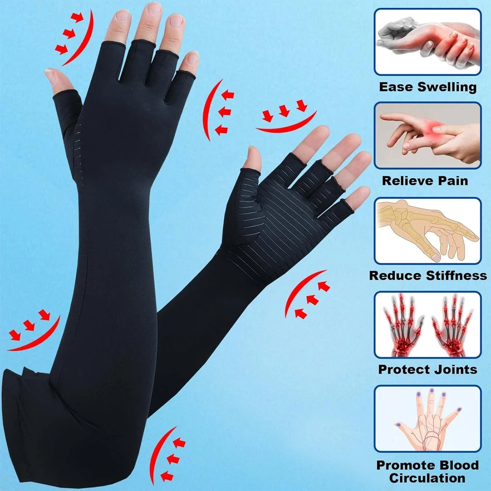 Copper Compression Arthritis Gloves Extra Long,Fingerless Support Sleeves for Carpal Tunnel,Wrist Arm Brace for Typing,Women/Men