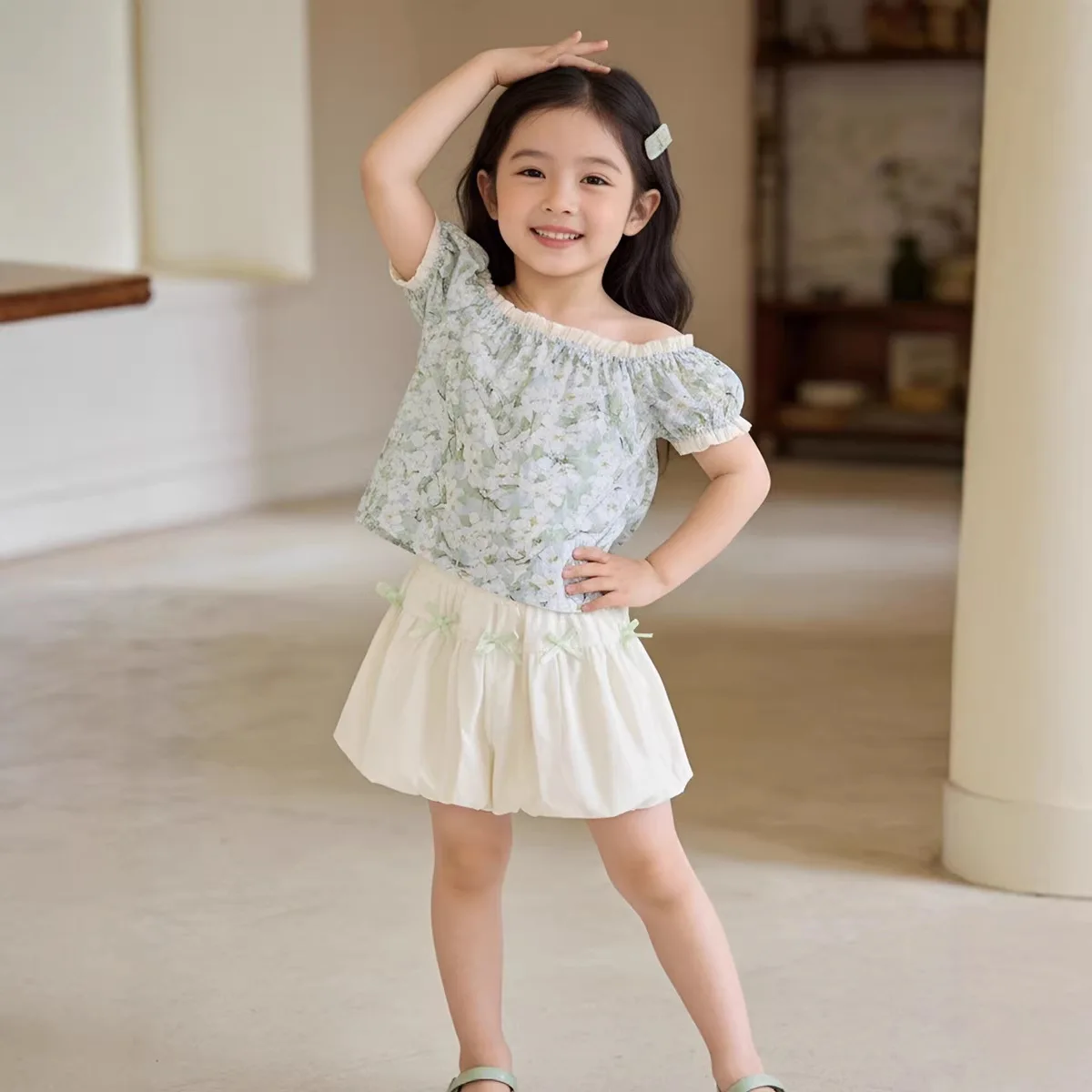 女の赤ちゃん服セット-2026-夏キッズ半袖花柄トップス-バドショーツ-2-個スーツ子供服カジュアル衣装