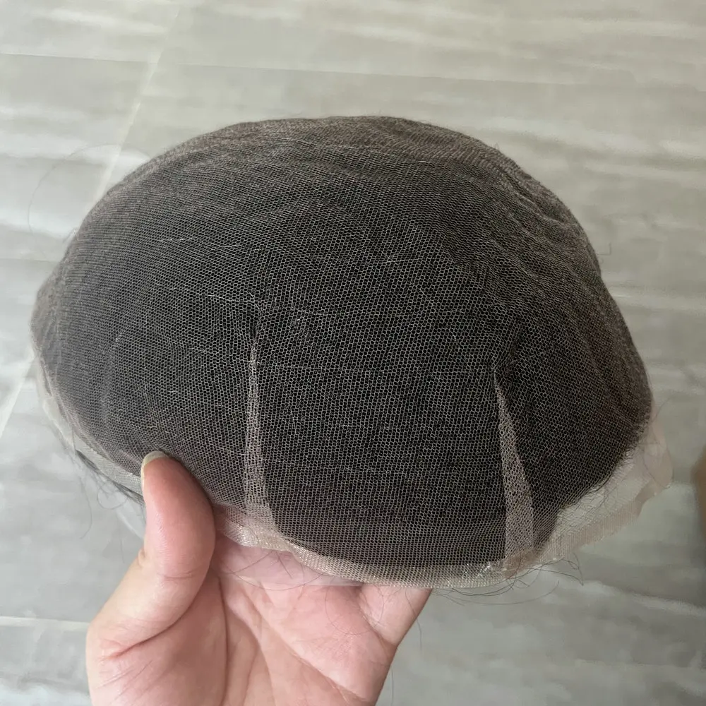 Pria prostesis kapiler 100% rambut manusia Toupee untuk pria garis rambut alami simpul diputihkan penuh Swiss renda abu-abu sistem rambut laki-laki