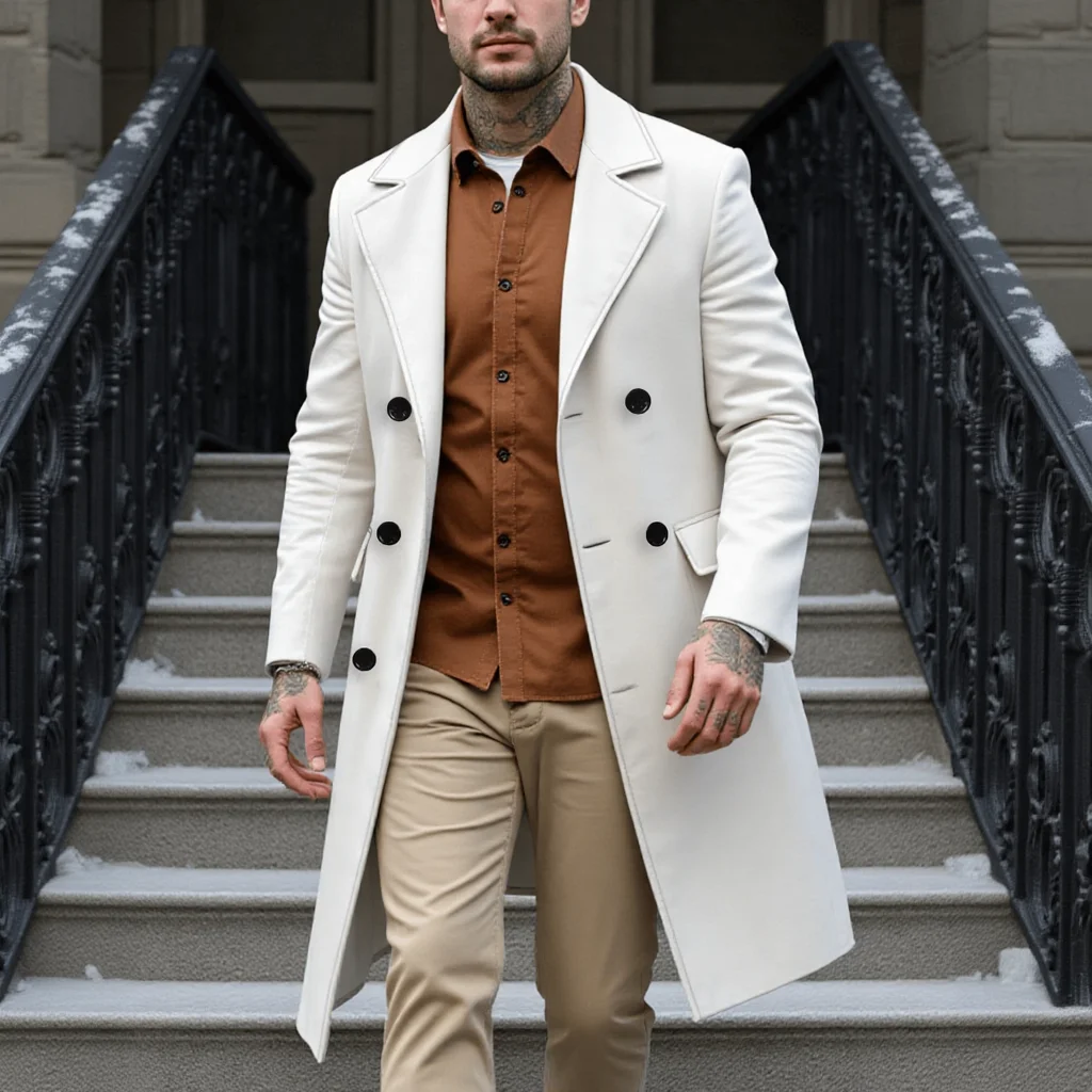 

New Men's Elegant Woolen Overcoat Long Jacket For Early Autumn Warm Outdoor Street Style Commute Wear Double-Breasted